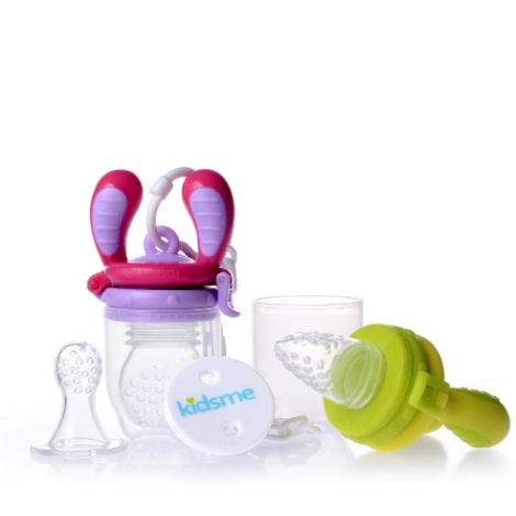 KidsMe 4 個月嬰兒離乳餵食器組 ( Mogfi本體 / 3 種吸食器 / 防摔吊繩 ) 萊姆綠/薰衣草紫SET